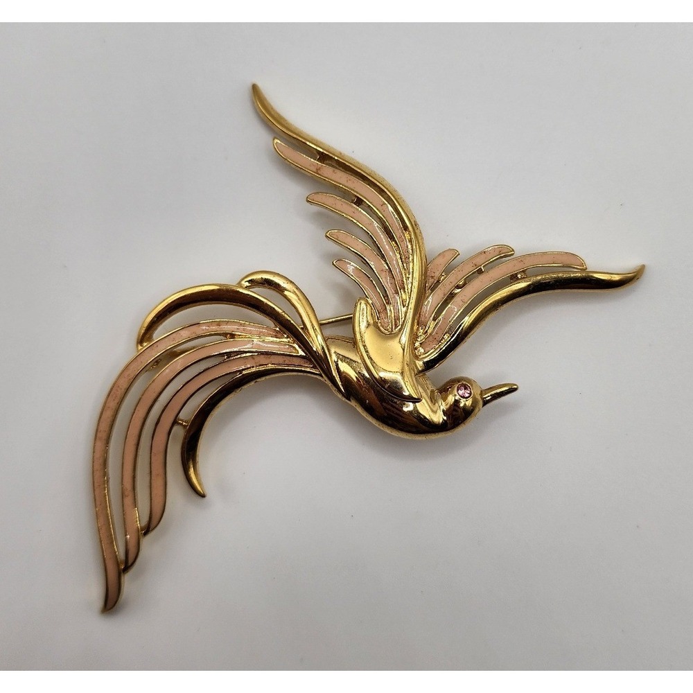 Vintage Trifari Bird of Paradise Brooch‎ Gold Tone Pink Enamel Rhinestone Eye